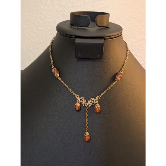 Vintage/Antique Gold Tone Frosted Brown Bead Dangle Chain Hook Clasp Necklace - Picture 5 of 5